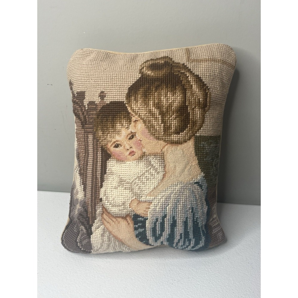 Vtg Lillian Vernon Needlepoint‎ Petit Throw Pillow Mother Child Velvet Back